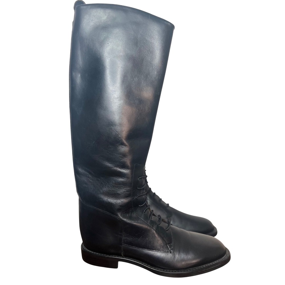 Nine West Women's Black Leather Riding Boots Tall Laced Slim Calf Size 6.5‎